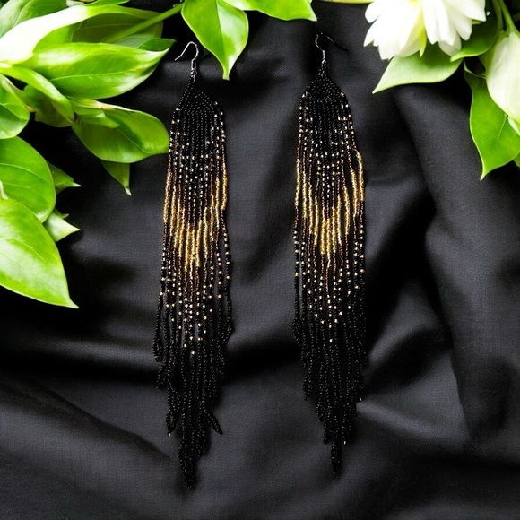 Sexy Dramatic Black and Gold Glass Beaded Fringe Earrings Handmade - Picture 12 of 16